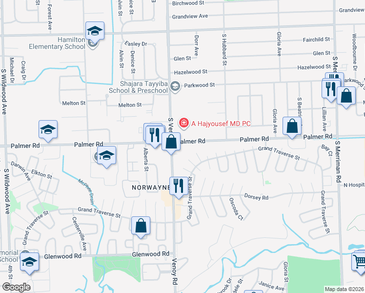 map of restaurants, bars, coffee shops, grocery stores, and more near 32689 Palmer Road in Westland
