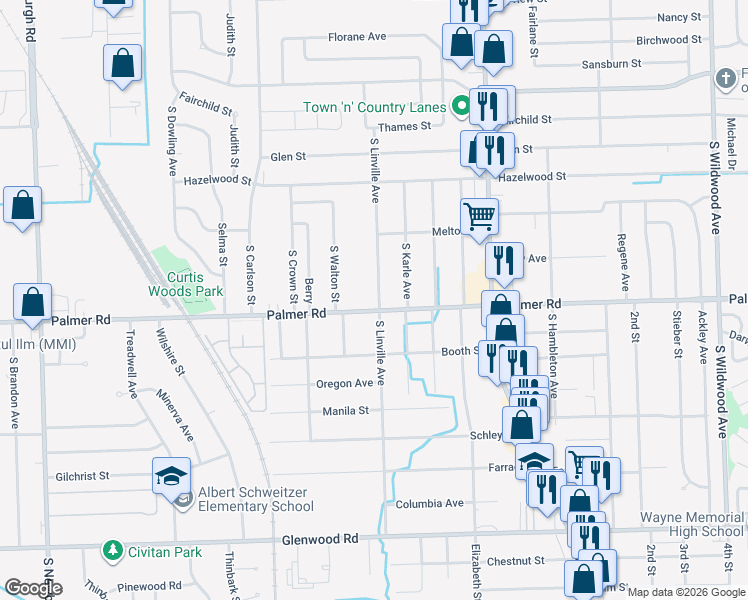 map of restaurants, bars, coffee shops, grocery stores, and more near 35759 Palmer Road in Westland