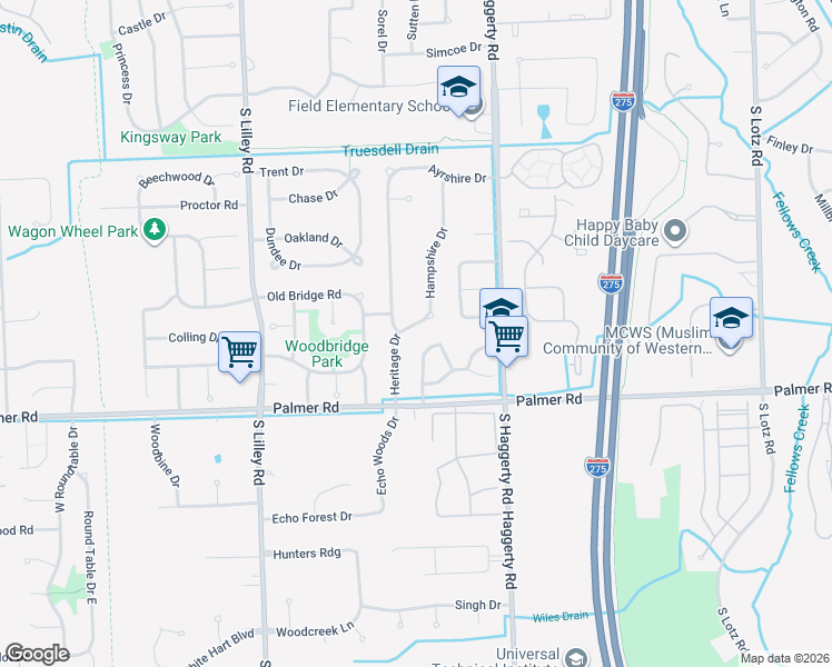map of restaurants, bars, coffee shops, grocery stores, and more near 1524 Bayberry Park Circle in Canton
