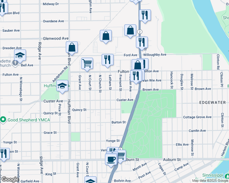 map of restaurants, bars, coffee shops, grocery stores, and more near 1318 Brown Avenue in Rockford