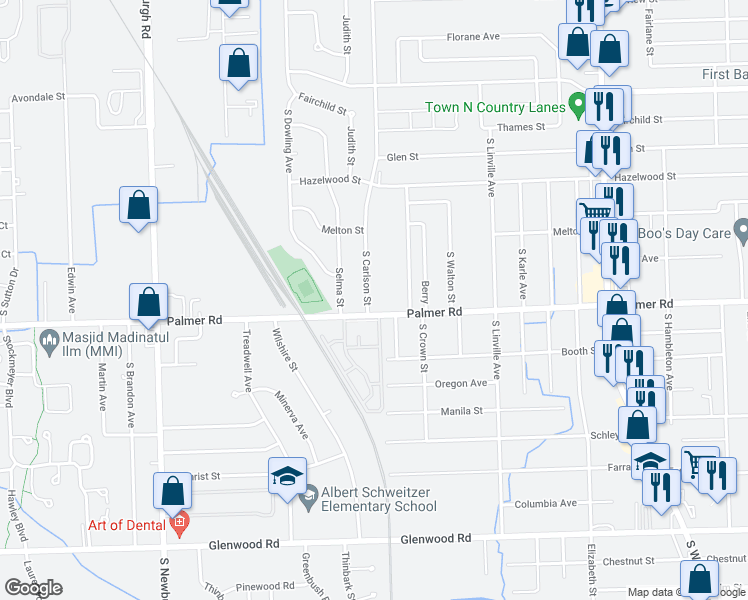 map of restaurants, bars, coffee shops, grocery stores, and more near 1751 South Carlson Street in Westland
