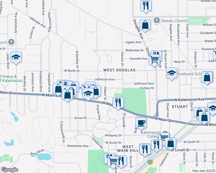 map of restaurants, bars, coffee shops, grocery stores, and more near 1452 Forbes Street in Kalamazoo