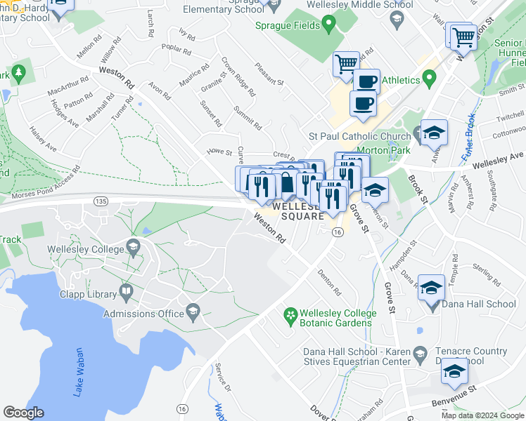 map of restaurants, bars, coffee shops, grocery stores, and more near 102 Central Street in Wellesley