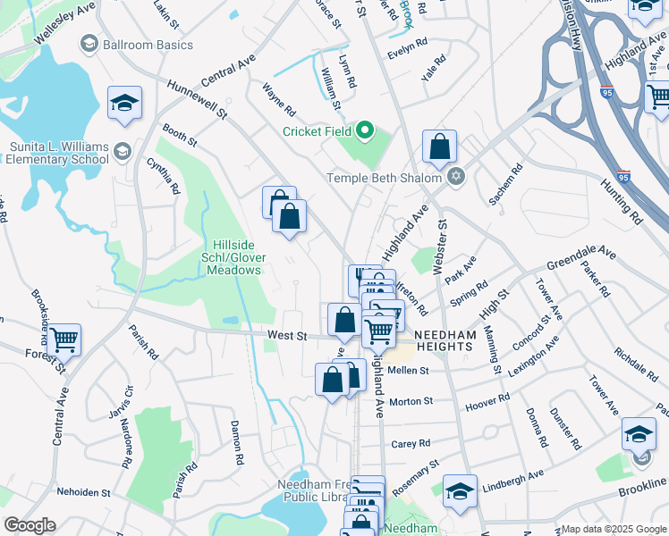map of restaurants, bars, coffee shops, grocery stores, and more near 65 Crescent Road in Needham