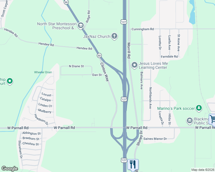 map of restaurants, bars, coffee shops, grocery stores, and more near 3342-3598 Clinton Way in Jackson