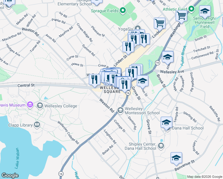 map of restaurants, bars, coffee shops, grocery stores, and more near 2 Waban Street in Wellesley