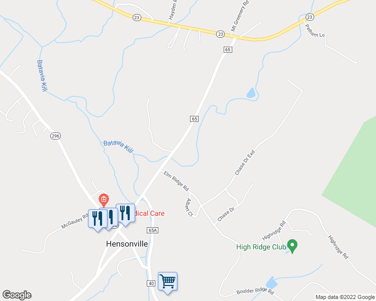 map of restaurants, bars, coffee shops, grocery stores, and more near 168 County Road 65 in Hensonville