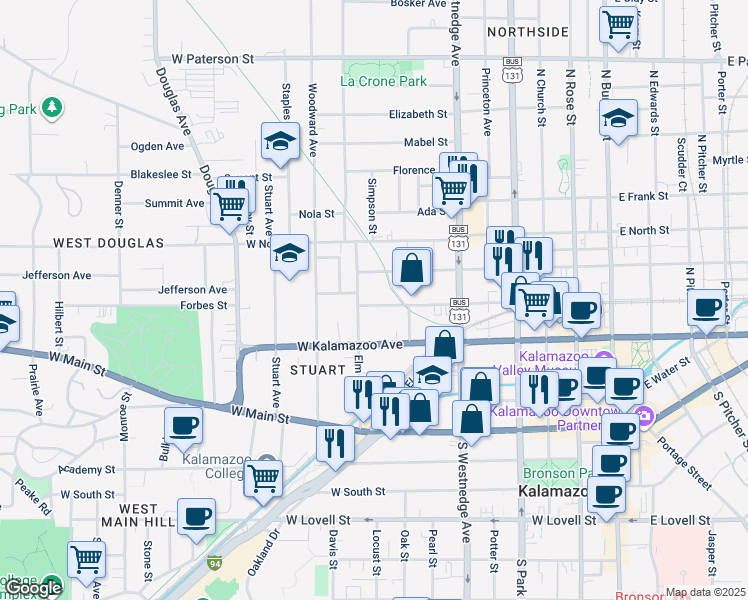 map of restaurants, bars, coffee shops, grocery stores, and more near 703 Willard Street in Kalamazoo