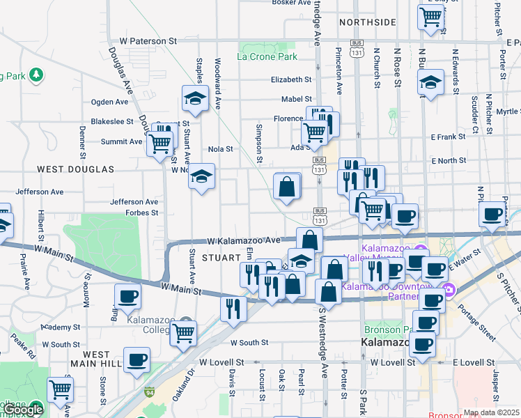 map of restaurants, bars, coffee shops, grocery stores, and more near 726 Willard Street in Kalamazoo