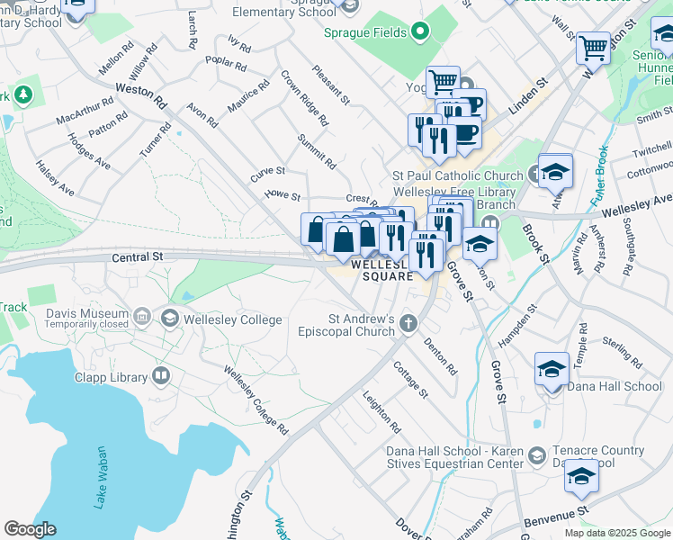 map of restaurants, bars, coffee shops, grocery stores, and more near 102 Central Street in Wellesley