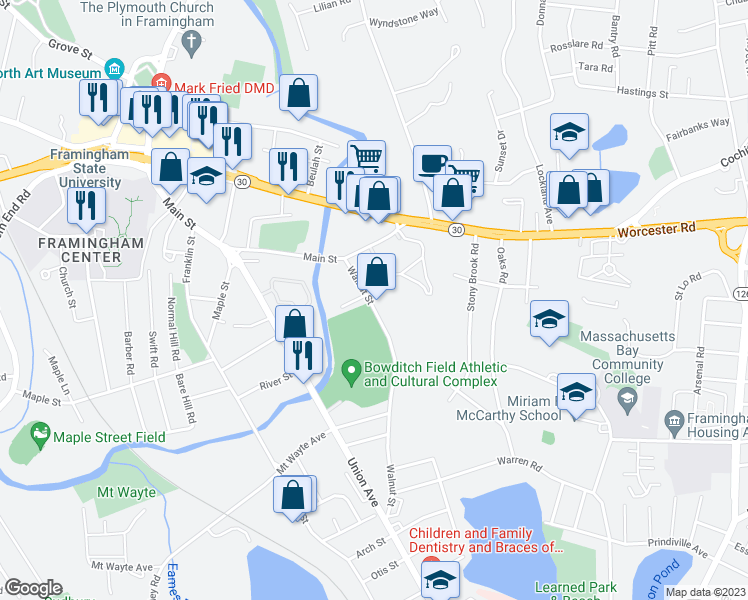 map of restaurants, bars, coffee shops, grocery stores, and more near 211 Walnut Street in Framingham