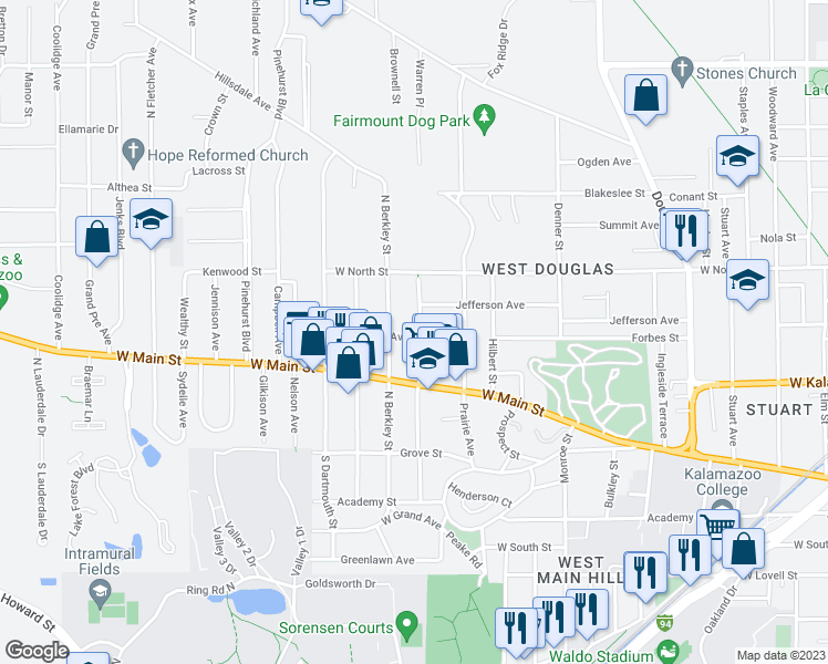 map of restaurants, bars, coffee shops, grocery stores, and more near 1728 Commonwealth Avenue in Kalamazoo Township