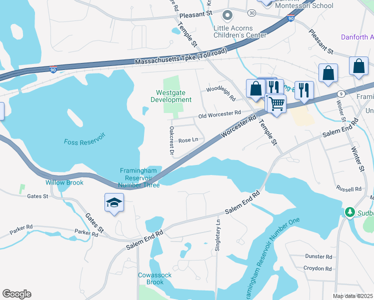 map of restaurants, bars, coffee shops, grocery stores, and more near 87 Oakcrest Drive in Framingham
