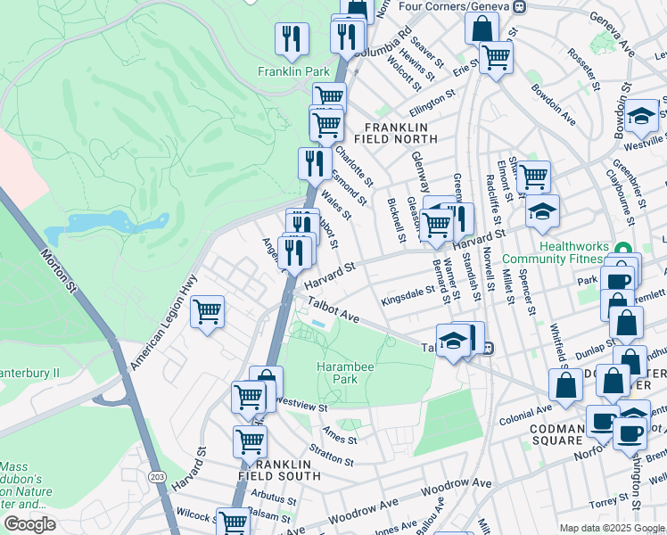 map of restaurants, bars, coffee shops, grocery stores, and more near 19 Vesta Road in Boston