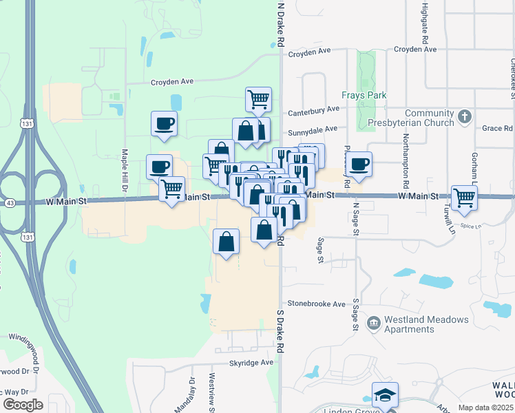 map of restaurants, bars, coffee shops, grocery stores, and more near 5063 West Main Street in Kalamazoo