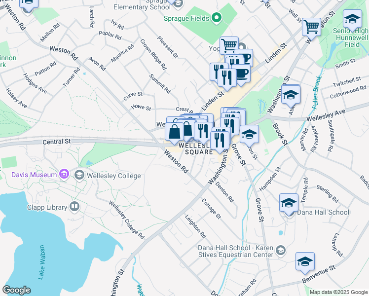 map of restaurants, bars, coffee shops, grocery stores, and more near 12 Cross Street in Wellesley