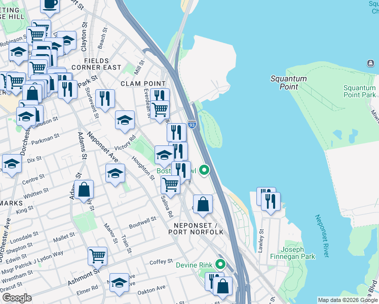 map of restaurants, bars, coffee shops, grocery stores, and more near 780 Morrissey Boulevard in Boston
