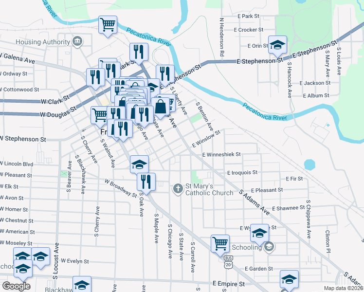 map of restaurants, bars, coffee shops, grocery stores, and more near 413 South State Avenue in Freeport