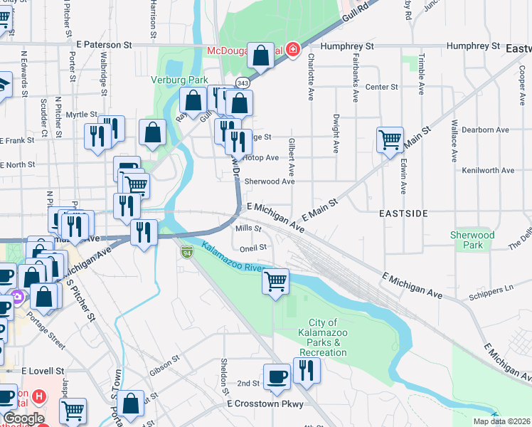 map of restaurants, bars, coffee shops, grocery stores, and more near 1124 East Michigan Avenue in Kalamazoo