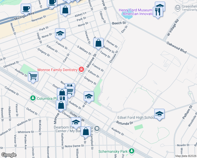 map of restaurants, bars, coffee shops, grocery stores, and more near 21501 Edison Street in Dearborn
