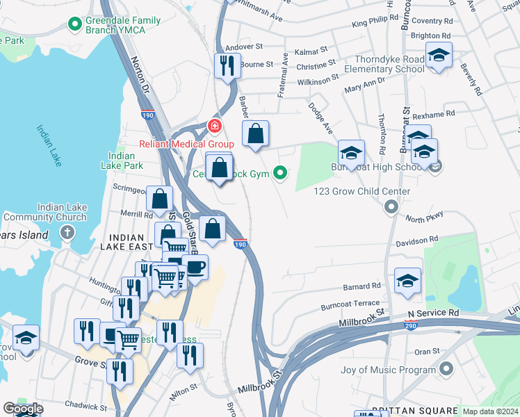 map of restaurants, bars, coffee shops, grocery stores, and more near 300 Barber Avenue in Worcester