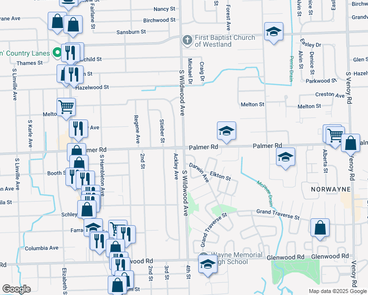 map of restaurants, bars, coffee shops, grocery stores, and more near Palmer Rd & S Wildwood Ave in Westland