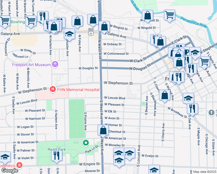 map of restaurants, bars, coffee shops, grocery stores, and more near 685-687 Stephenson Circle in Freeport