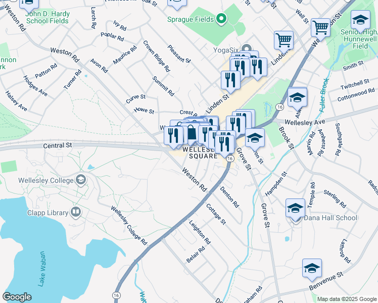 map of restaurants, bars, coffee shops, grocery stores, and more near 101 Church Street in Wellesley