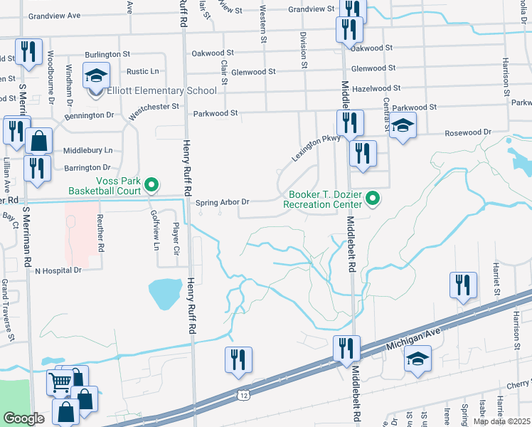 map of restaurants, bars, coffee shops, grocery stores, and more near 29894 Brooklane Street in Inkster