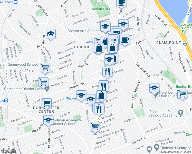 map of restaurants, bars, coffee shops, grocery stores, and more near 100 Melville Avenue in Boston