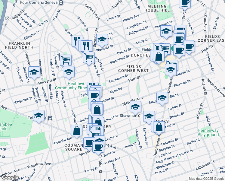 map of restaurants, bars, coffee shops, grocery stores, and more near 54 Alpha Road in Boston