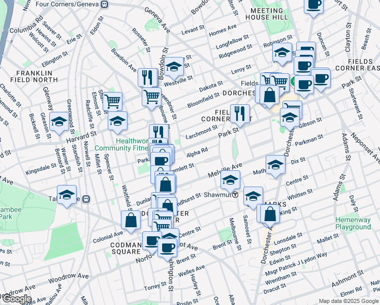 map of restaurants, bars, coffee shops, grocery stores, and more near 54 Alpha Road in Boston