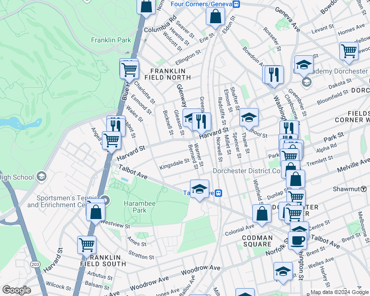map of restaurants, bars, coffee shops, grocery stores, and more near 25 Nightingale Street in Boston