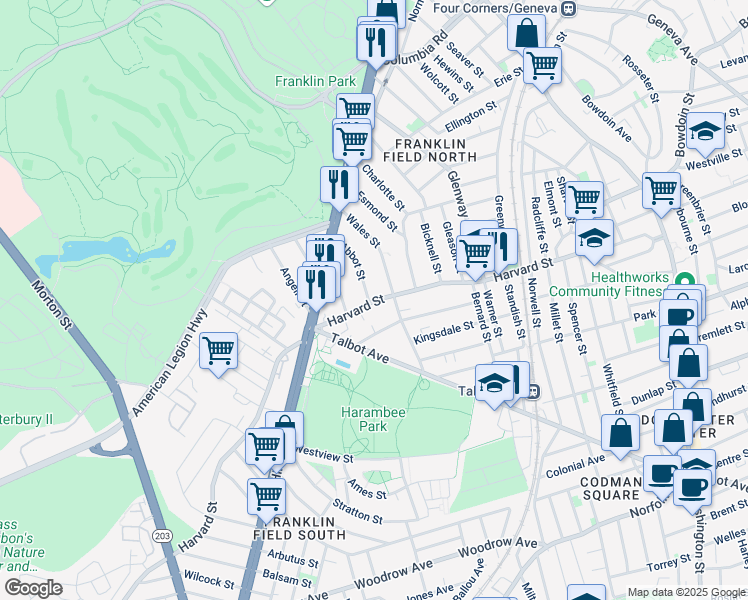 map of restaurants, bars, coffee shops, grocery stores, and more near 210 Harvard Street in Boston