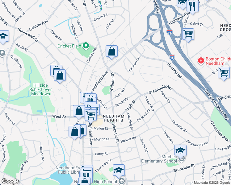map of restaurants, bars, coffee shops, grocery stores, and more near 354 Webster Street in Needham