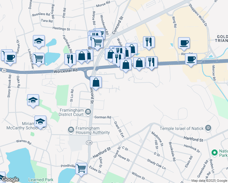 map of restaurants, bars, coffee shops, grocery stores, and more near 30 Phelps Road in Framingham