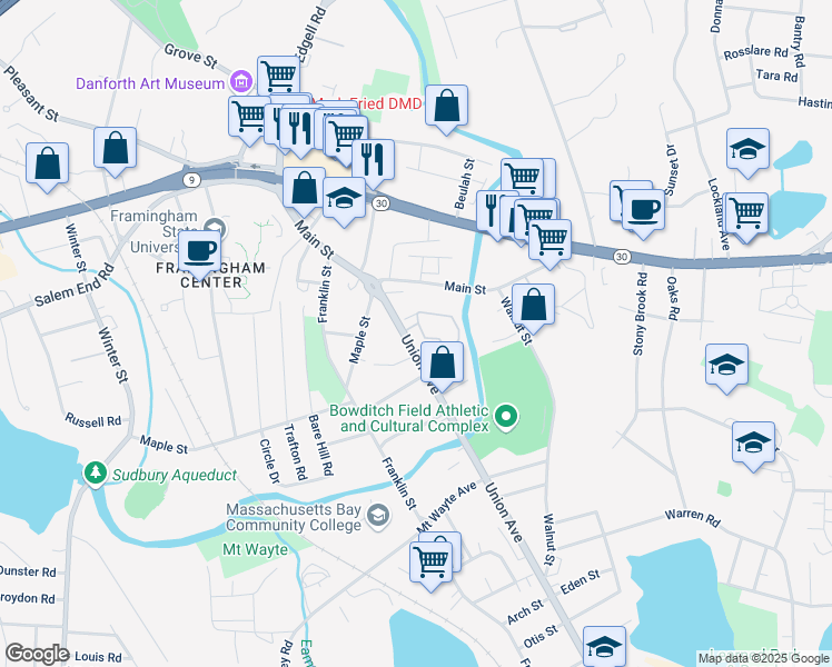 map of restaurants, bars, coffee shops, grocery stores, and more near 596 Union Avenue in Framingham