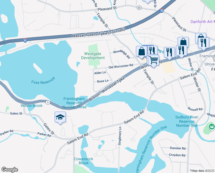 map of restaurants, bars, coffee shops, grocery stores, and more near 87 Oakcrest Drive in Framingham