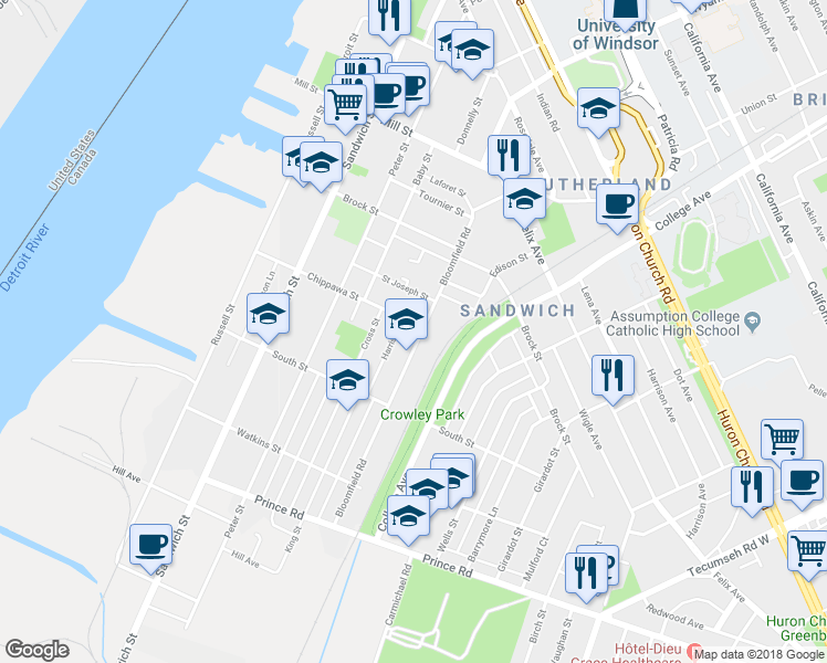 map of restaurants, bars, coffee shops, grocery stores, and more near in Windsor