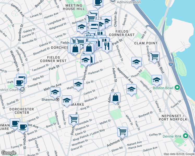 map of restaurants, bars, coffee shops, grocery stores, and more near 60 Dix St in Dorchester