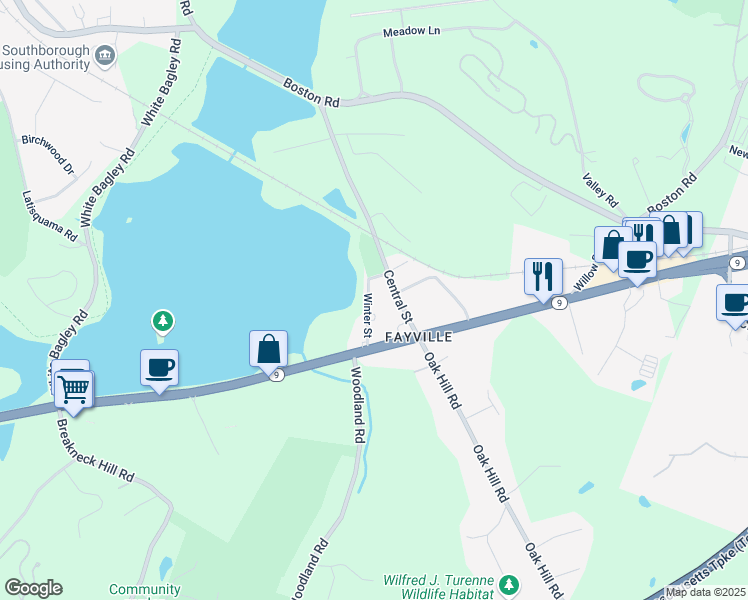 map of restaurants, bars, coffee shops, grocery stores, and more near 10 Winter Street in Southborough