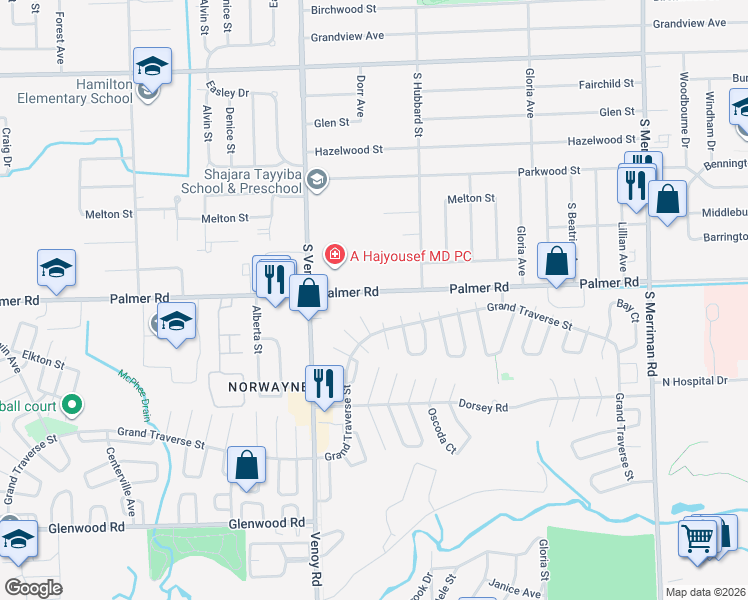 map of restaurants, bars, coffee shops, grocery stores, and more near 32561 Palmer Road in Westland