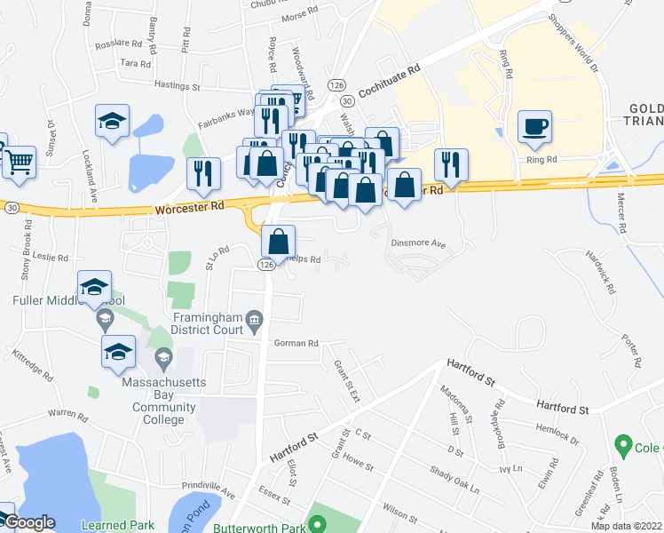 map of restaurants, bars, coffee shops, grocery stores, and more near 30 Phelps Road in Framingham