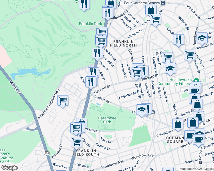 map of restaurants, bars, coffee shops, grocery stores, and more near 210 Harvard Street in Boston
