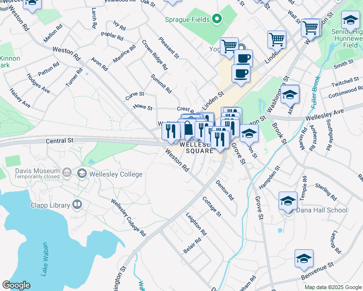 map of restaurants, bars, coffee shops, grocery stores, and more near 66 Church Street in Wellesley