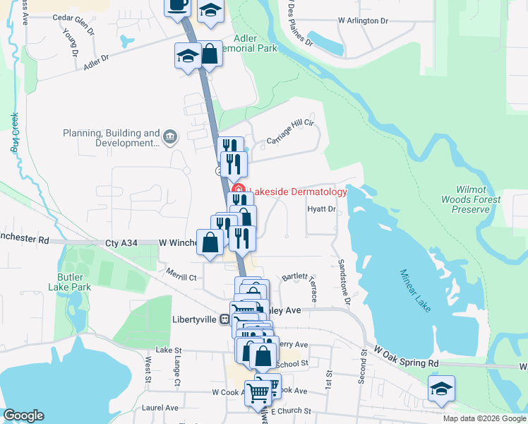 map of restaurants, bars, coffee shops, grocery stores, and more near 152 East Winchester Road in Libertyville