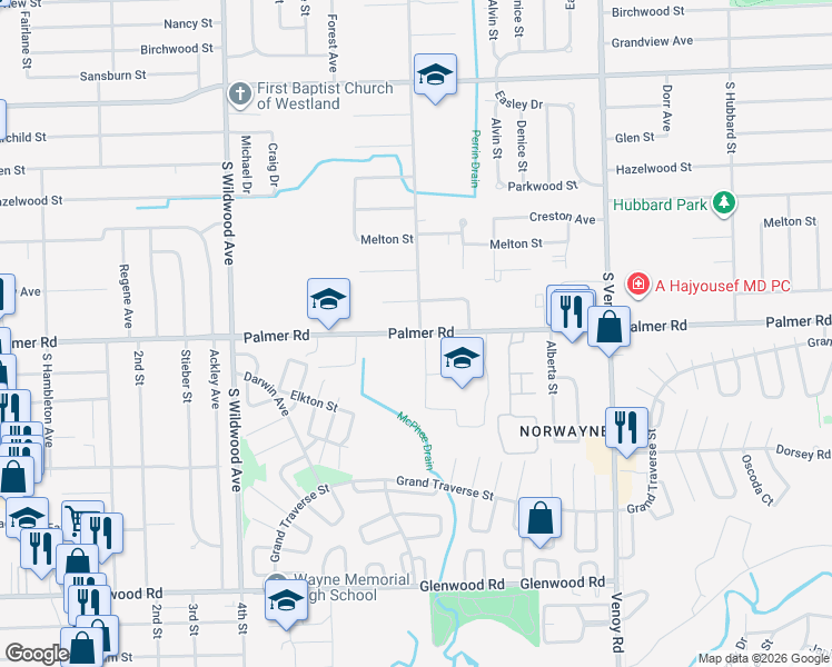 map of restaurants, bars, coffee shops, grocery stores, and more near 33607 Palmer Road in Westland
