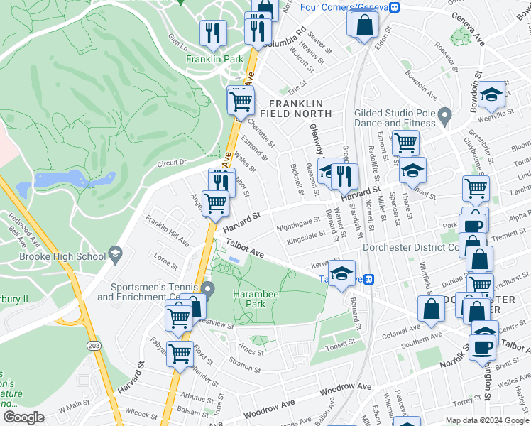 map of restaurants, bars, coffee shops, grocery stores, and more near 202 Harvard Street in Boston