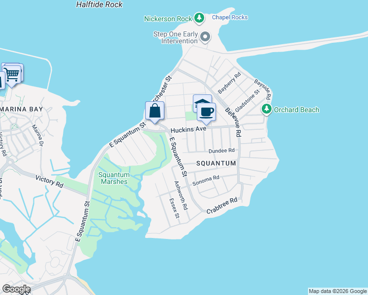map of restaurants, bars, coffee shops, grocery stores, and more near 13 Dundee Road in Quincy