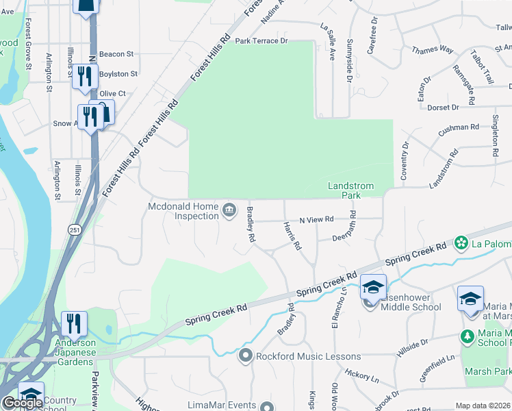 map of restaurants, bars, coffee shops, grocery stores, and more near 2711 Bradley Road in Rockford